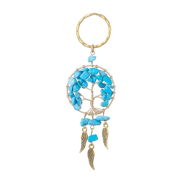 

PandaHall Woven Net/Web with Wing Pendant Keychain, with Synthetic Turquoise Chips and Iron Key Rings, Flat Round with Tree of Life...