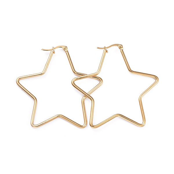 

PandaHall 201 Stainless Steel Hoop Earrings, with 304 Stainless Steel Pins, Star, Golden, 12 Gauge, 54.5x53.5x2mm, Pin: 1x0.7mm 304...