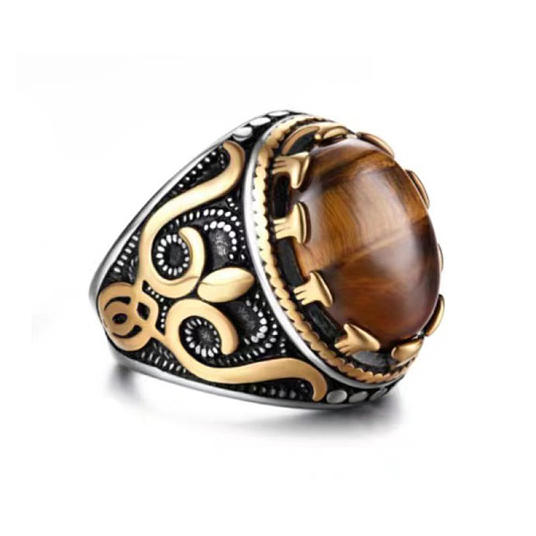 

PandaHall Natural Tiger Eye Oval Finger Ring, Titanium Steel Wide Ring, Golden, US Size 9(18.9mm) Tiger Eye