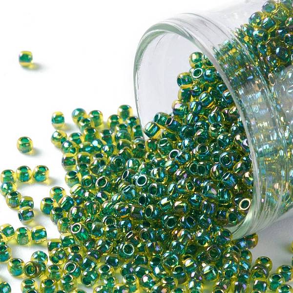 

PandaHall TOHO Round Seed Beads, Japanese Seed Beads, (1829) Inside Color AB Jonquil/Forest Green Lined, 11/0, 2.2mm, Hole: 0.8mm, about...