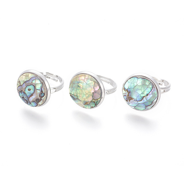 

PandaHall Adjustable Shell Finger Rings, with Brass Findings, Flat Round, Platinum, Colorful, Size 7, 17.5mm Brass+Shell