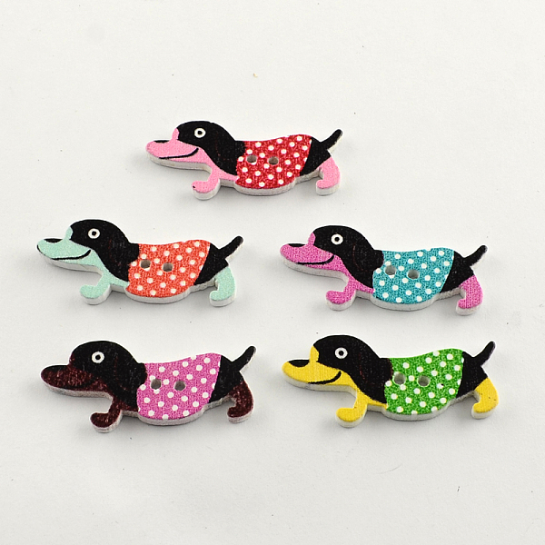 

PandaHall 2-Hole Puppy Printed Wooden Buttons, Sausage Dog/Dachshund, Mixed Color, 16x35x2mm, Hole: 2mm Wood Dog Multicolor