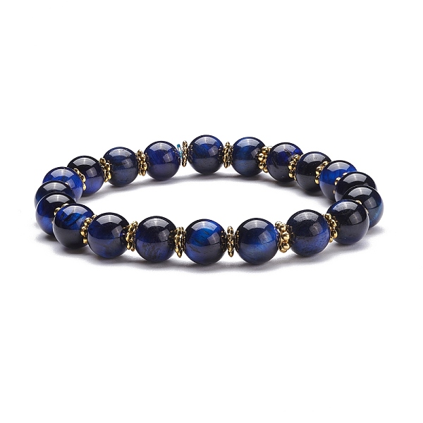 

PandaHall Natural Tiger Eye Round Beads Stretch Bracelet, Stone Bracelet with Alloy Daisy Spacer Beads for Women, Golden, Prussian Blue...