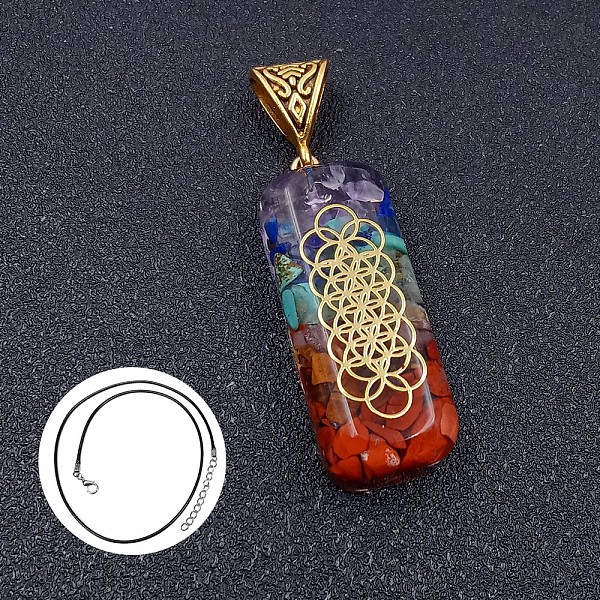 

PandaHall Natural & Synthetic Mixed Gemstone Rectangle Pendant Necklace, Chakra Theme Necklace Resin Rectangle