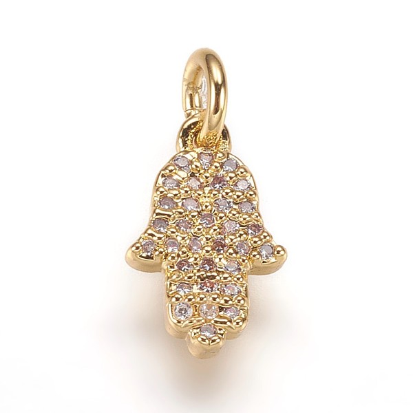 

PandaHall Brass Micro Pave Cubic Zirconia Charms Pendants, Hamsa Hand/Hand of Fatima, Golden, 12.5x8x2mm, Hole: 3mm Brass+Cubic Zirconia..., Clear