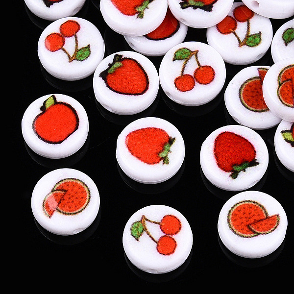 

PandaHall Opaque Acrylic Beads, Flat Round with Fruit Pattern, Mixed Patterns, 11x4mm, Hole: 1.5mm Acrylic Flat Round Red