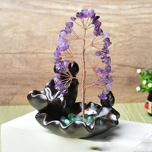 

PandaHall Natural Amethyst Chips Tree of Life Decorations, Backflow Incense Holder with Copper Wire Feng Shui Energy Stone Gift for Women...