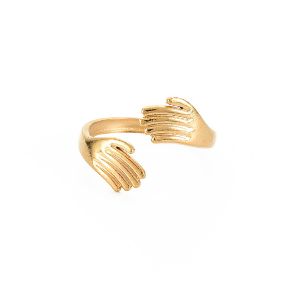 

PandaHall Ion Plating(IP) 304 Stainless Steel Double Hand Hug Open Cuff Ring for Women, Nickel Free, Real 18K Gold Plated, US Size 8(18.1mm)...