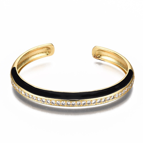 

PandaHall Brass Micro Pave Clear Cubic Zirconia Cuff Bangles, with Enamel, Nickel Free, Real 16K Gold Plated, Black, Inner Diameter: 2-3/8...