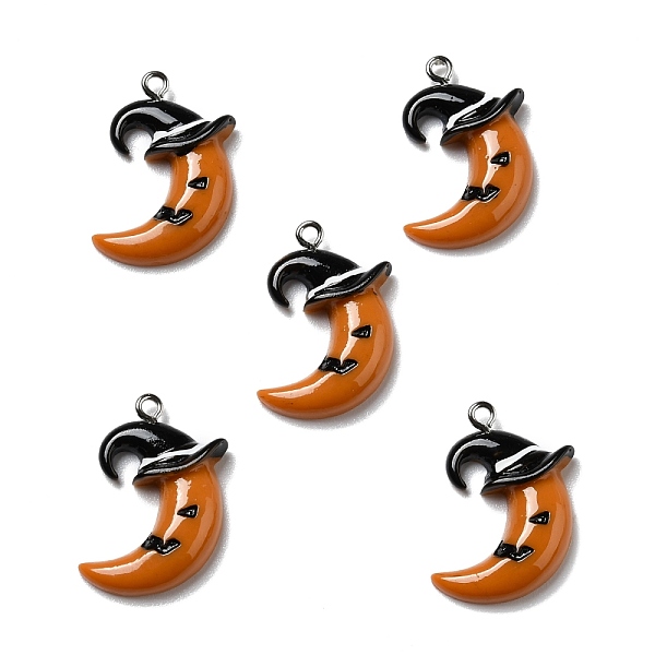 

PandaHall Halloween Opaque Resin Pendants, with Platinum Tone Iron Loops, Moon with Black Witch Hat, Chocolate, 27.5x18x5mm, Hole: 2mm..., Brown