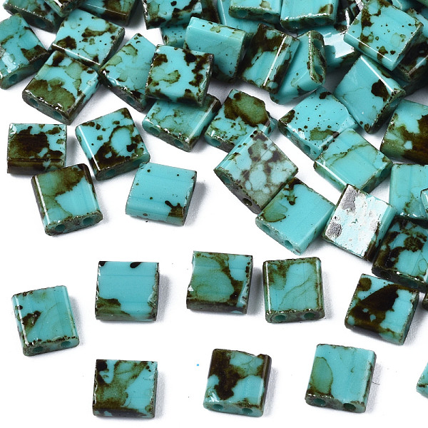 

PandaHall 2-Hole Opaque Glass Seed Beads, Antique Style, Rectangle, Medium Turquoise, 5x4.5~5.5x2~2.5mm, Hole: 0.5~0.8mm Glass Rectangle