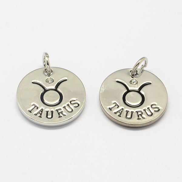 

PandaHall Alloy Pendants, with Rhinestone, Flat Round, with Constellation/Zodiac Sign, Platinum, Taurus, 22x2.5mm, Hole: 5.5mm..., Clear