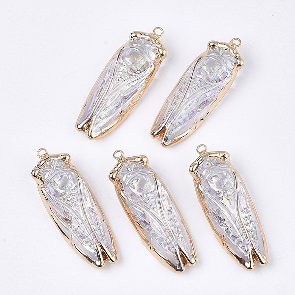 

PandaHall Electroplate Glass Big Pendants, with Iron Findings, AB Color, Cicada, Golden, Clear AB, 53~55x18~19x13mm, Hole: 2.5mm Iron+Glass..., White