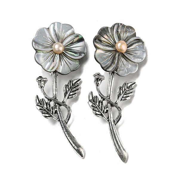 

PandaHall Black Lip Shell Flower Alloy Brooch, with Freshwater Pearls, Antique Silver, Gray, 74.5x29x8mm Shell Flower Gray