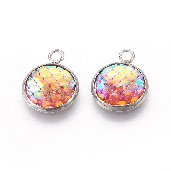 PandaHall Resin Pendants, with 304 Stainless Steel Finding, Flat Round with Mermaid Fish Scale Shaped, Stainless Steel Color, Orange...