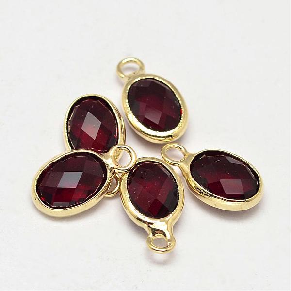 

PandaHall Oval Faceted Golden Tone Brass Glass Charms, Dark Red, 12x7x3.5mm, Hole: 1mm Brass+Glass Oval Red