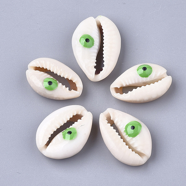 

PandaHall Cowrie Shell Beads, with Enamel, No Hole/Undrilled, Evil Eye, Lime Green, 20~25x14~16x5~7mm Cowrie Shell Shell Shape
