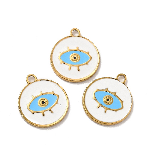 

PandaHall Ion Plating(IP) 304 Stainless Steel Enamel Pendants, Flat Round with Evil Eye Charm, Golden, 21.5x18.5x1.5mm, Hole: 2mm Stainless...
