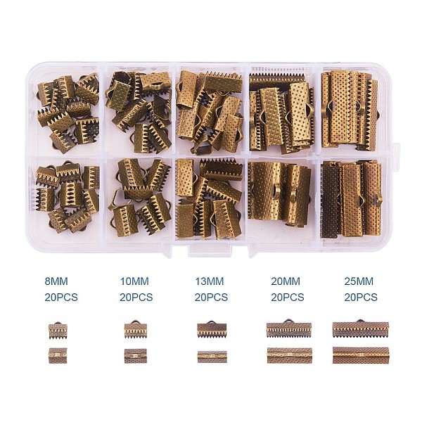 

PandaHall 100 pcs Mixed Iron Ribbon Ends Sets, Antique Bronze, 8-25x6-8x5mm, Hole: 1-2mm about 10pcs/compartment Iron