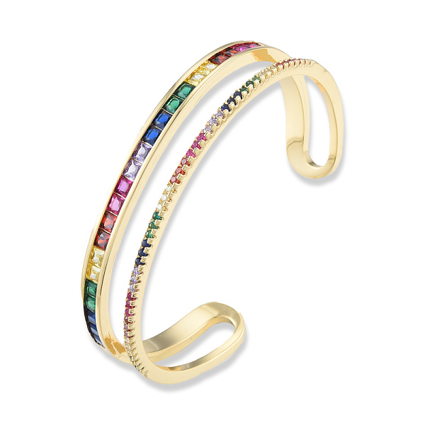 

PandaHall Colorful Cubic Zirconia Double Line Open Cuff Bangle, Brass Jewelry for Women, Nickel Free, Golden, Inner Diameter: 2-1/4 inch...