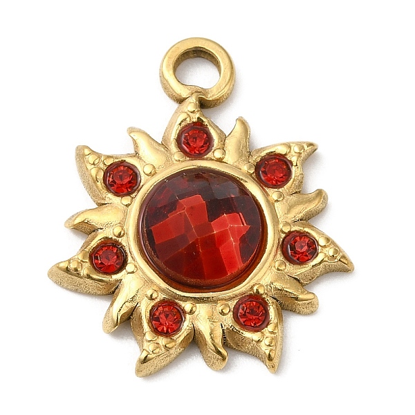 

PandaHall Real 18K Gold Plated 304 Stainless Steel Pendants, with Glass, Sun Charms, FireBrick, 24.5x20.5x5~6mm, Hole: 2.5mm Stainless..., Red