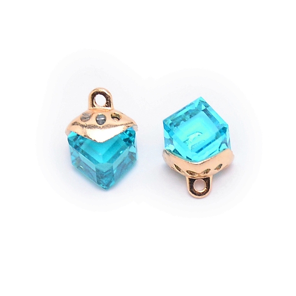 

PandaHall Glass Charms, with Alloy Finding, Cube, Aquamarine, 15x10x10mm, Hole: 1.6mm Alloy+Glass Cube Cyan