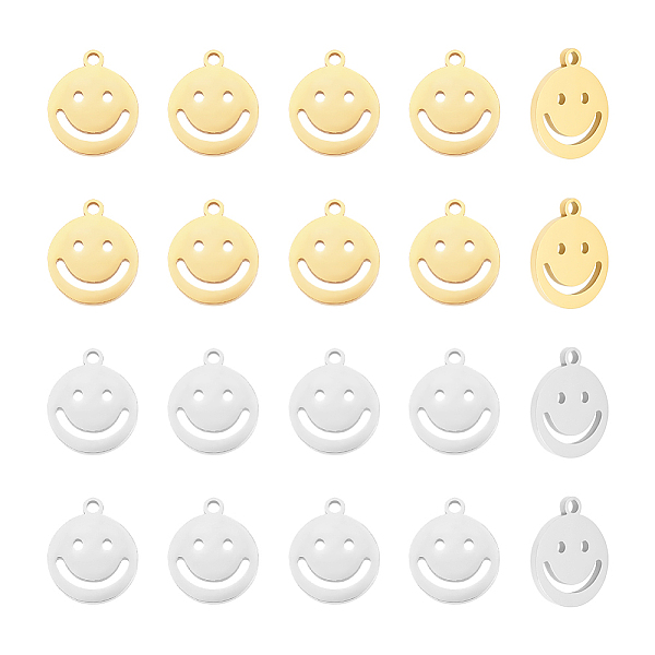 

PandaHall Unicraftale 20Pcs 2 Colors 304 Stainless Steel Pendants, Hollow, Flat Round with Smiling Face Charm, Golden & Stainless Steel...
