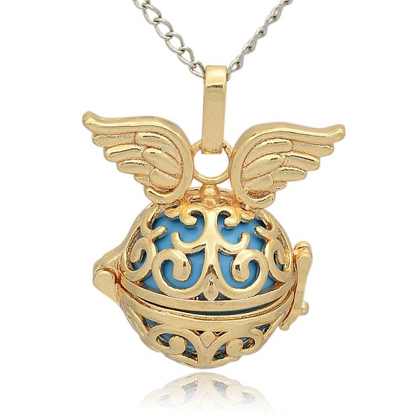 

PandaHall Golden Tone Brass Hollow Round Cage Pendants, with No Hole Spray Painted Brass Round Ball Beads, Round with Wing, Deep Sky Blue...