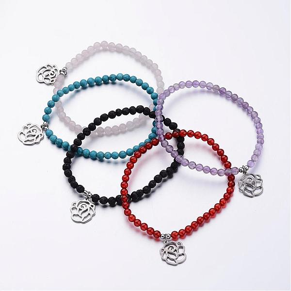 

PandaHall 304 Stainless Steel Charm Bracelets, Rose, with Natural & Synthetic Mixed Stone Beaded and Elastic Fibre Wire, 2-1/4 inch(55mm)...