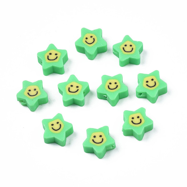 

PandaHall Handmade Polymer Clay Beads, Star with Smiling Face, Spring Green, 7.5~9x8.5~9x3.5~4mm, Hole: 1.6mm Polymer Clay Star