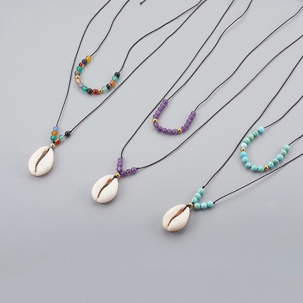 

PandaHall Cowrie Shell Beads Pendants Necklaces Sets, with Natural Mixed Stone and Brass Beads, 30.31 inch(77cm), 25.59 inch(65cm) Mixed..., Black