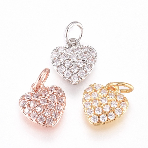 PandaHall Brass Charms, with Micro Pave Cubic Zirconia and Jump Rings, Heart, Clear, Mixed Color, 7.5x7x2.5mm, Hole: 2.5mm Brass+Cubic...