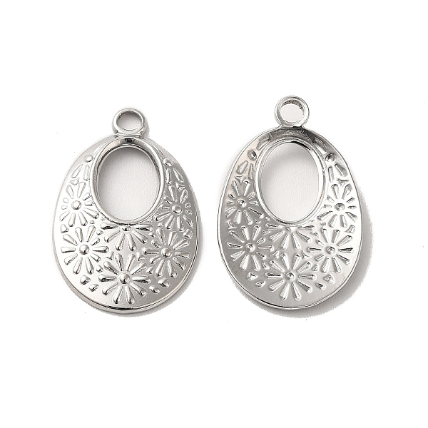 

PandaHall 304 Stainless Steel Pendant, Oval with Flower Charm, Stainless Steel Color, 26x17x2.5mm, Hole: 3mm 304 Stainless Steel Oval