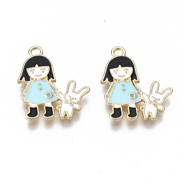 

PandaHall Eco-Friendly Zinc Alloy Pendants, with Enamel, Cadmium Free & Nickel Free & Lead Free, Girl with Rabbit, Light Gold, Light Sky...