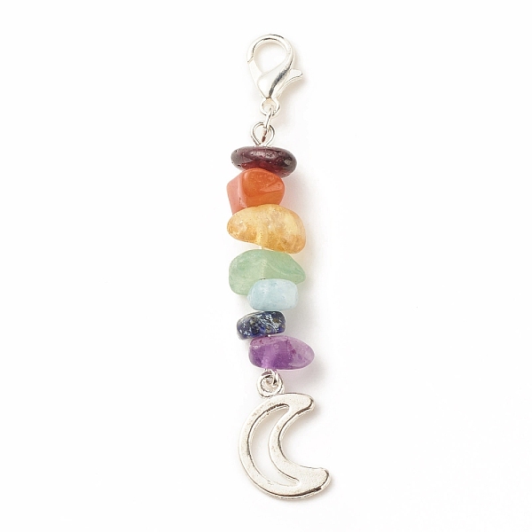 

PandaHall Chakra Theme Natural Gemstone Pendant Decorations, with Alloy Lobster Claw Clasps, Moon Pendant, 5.85cm Mixed Stone Moon