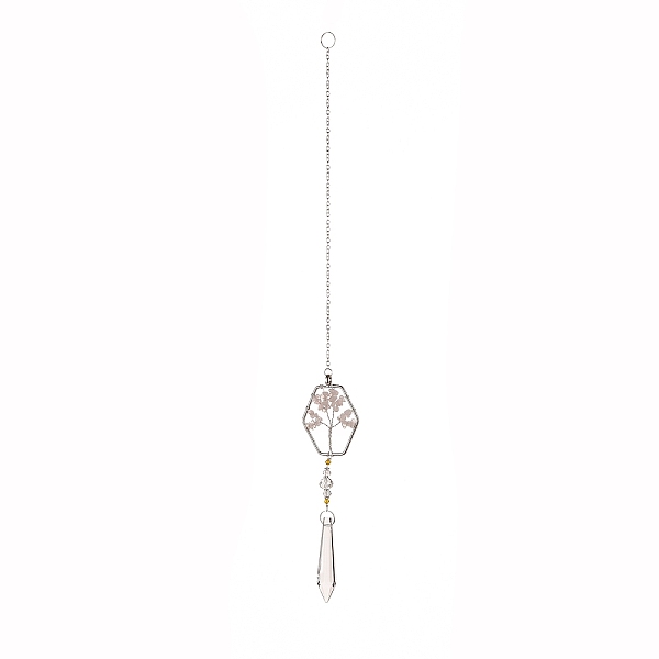 

PandaHall Teardrop Acrylic Beads Big Pendant Decorations, Hanging Sun Catchers, with Rose Quartz Chips Beads, Tree of Life, Hexagon, 381mm...