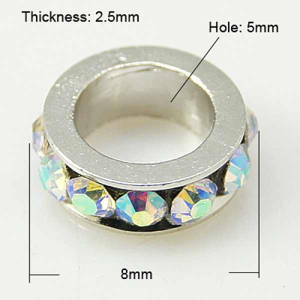 

PandaHall Brass Rhinestone Spacer Beads, Grade A, Platinum Metal Color, Crystal AB, 8x2.5mm, Hole: 5mm Brass+Rhinestone Flat Round Clear