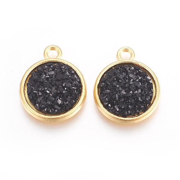 

PandaHall Resin Pendants, with Golden Tone Alloy Findings, Flat Round, Black, 18x15x3.5~4mm, Hole: 1.8mm Alloy+Resin Flat Round Black