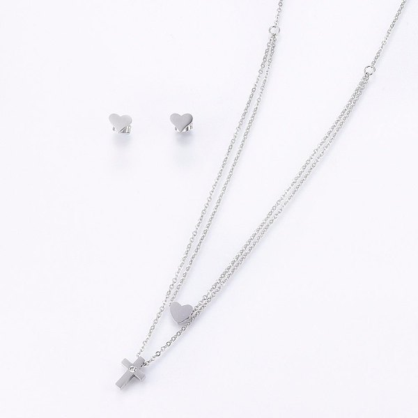

PandaHall 304 Stainless Steel Jewelry Sets, Stud Earrings and Pendant Tiered Necklaces, with Rhinestone, Cross and Heart, Stainless Steel..., Clear