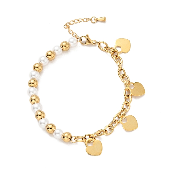 

PandaHall 201 Stainless Steel Heart Padlock Charm Bracelet, Plastic Pearl Beaded Bracelet with Vacuum Plating 304 Stainless Steel Cable..., White