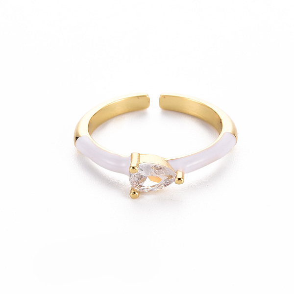 

PandaHall Brass Enamel Cuff Rings, Open Rings, Solitaire Rings, with Clear Cubic Zirconia, Nickel Free, Teardrop, Golden, White, US Size 7...