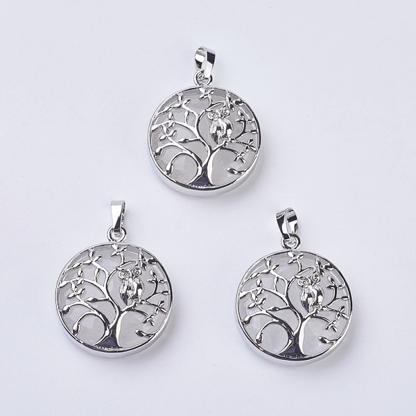 

PandaHall Natural Quartz Crystal Pendants, Rock Crystal Pendants, with Brass Findings, Flat Round with Tree of Life, Platinum...