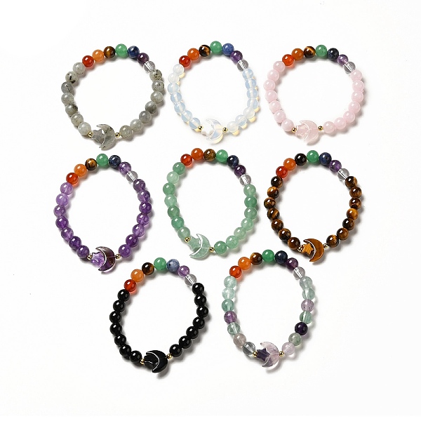 PandaHall Moon and Star Natural & Synthetic Mixed Gemstone Beaded Stretch Bracelet for Women, Inner Diameter: 2 inch(5.2cm) Mixed Stone