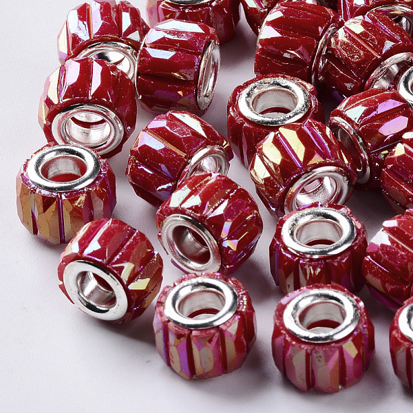 

PandaHall Opaque Resin European Beads, Large Hole Beads, with Silver Color Plated Double Brass Cores, Faceted, AB Color Plated, Column, Red...