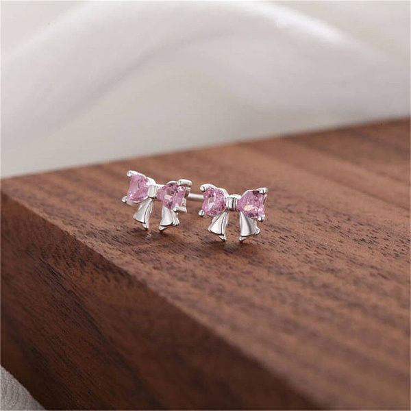 

PandaHall 999 Silver Bowknot Stud Earrings for Women Sterling Silver Pink