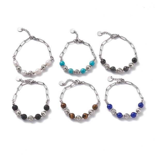 

PandaHall Round Mixed Stone Beaded Bracelet for Girl Women, Stainless Steel Color, 7-1/2~7-5/8 inch(19~19.5cm) Gemstone