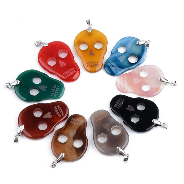 

PandaHall Halloween Themed Natural Agate Big Pendants, with Platinum Plated Brass Pinch Bail, Dyed, Skull, Mixed Color, 50~53x35~36x5~6mm..., Multicolor