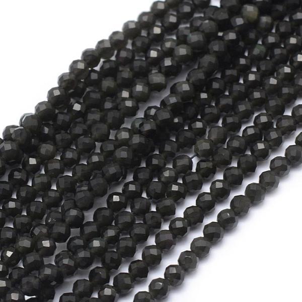 

PandaHall Natural Obsidian Beads Strand, Faceted, Round, 3mm, Hole: 0.5mm, about 113pcs/strand, 15.35 inch(39cm) Obsidian Round