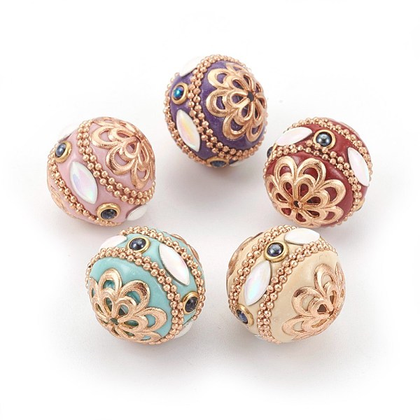 

PandaHall Handmade Indonesia Beads, with Metal Findings, Round with Flower, Light Gold, Mixed Color, 18.5~20.5x19~20mm, Hole: 1.5~1.6mm..., Multicolor