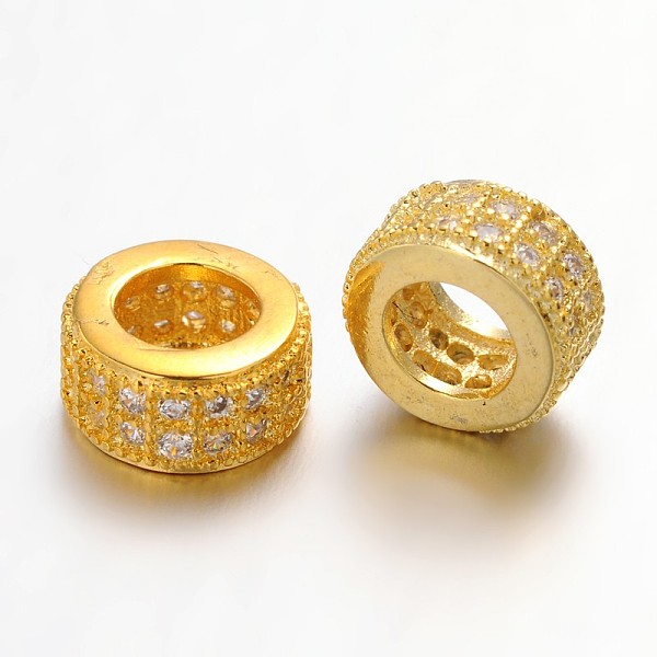 

PandaHall Brass Micro Pave Cubic Zirconia Beads, Large Hole Rondelle Beads, Lead Free & Nickel Free, Clear, Golden, 8.5x4mm, Hole: 4.5mm...